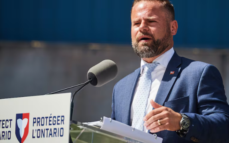 Ontario Labour Minister David Piccini speaks at a news conference in Kitchener, Ont. (Sammy Kogan/The Canadian Press)
